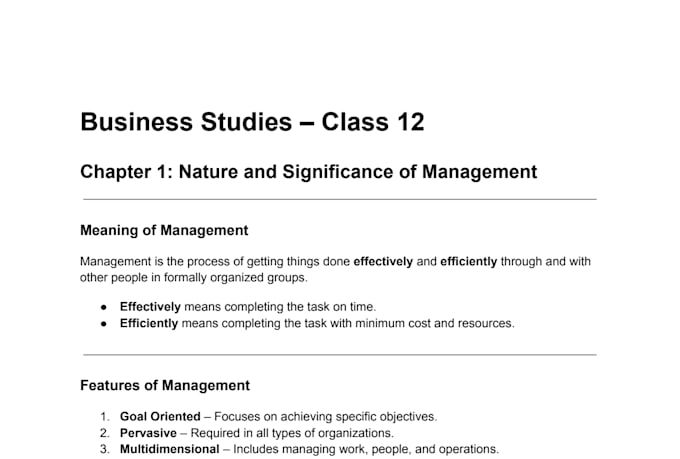create class 12 business studies notes and important questions PDF